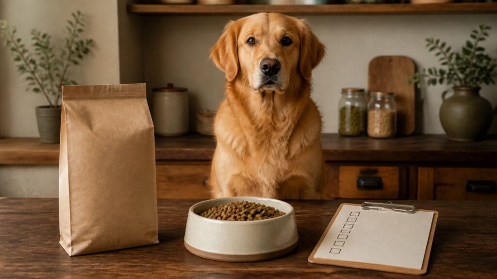 Golden retriever wybierający między różnymi rodzajami karmy dla psa
