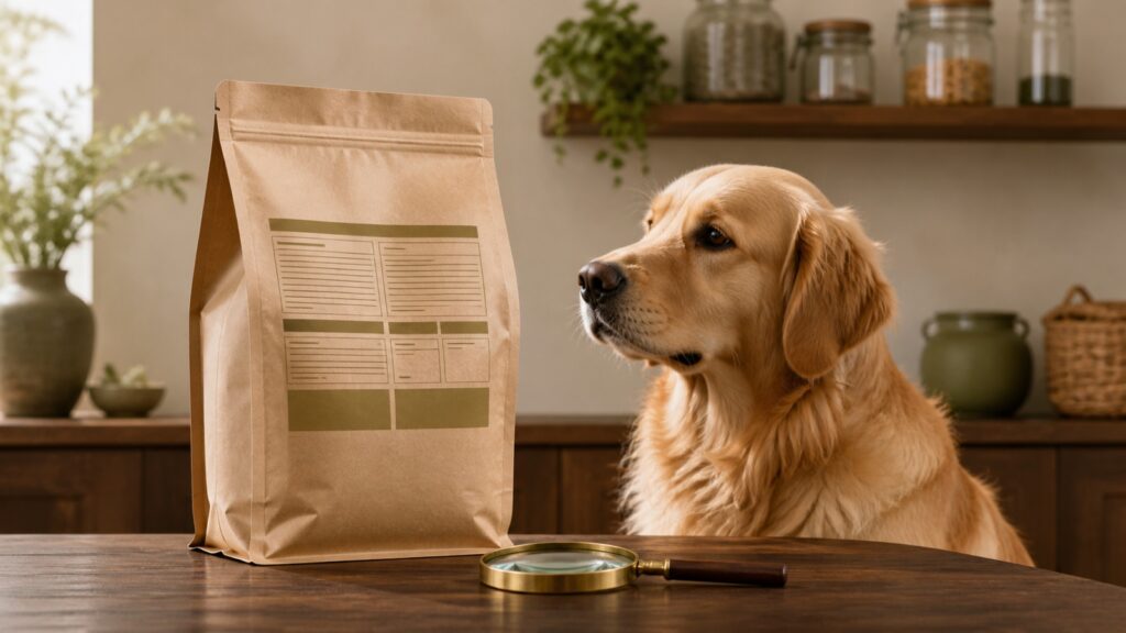 Jak czytać skład karmy dla psa – golden retriever obok opakowania karmy i lupy