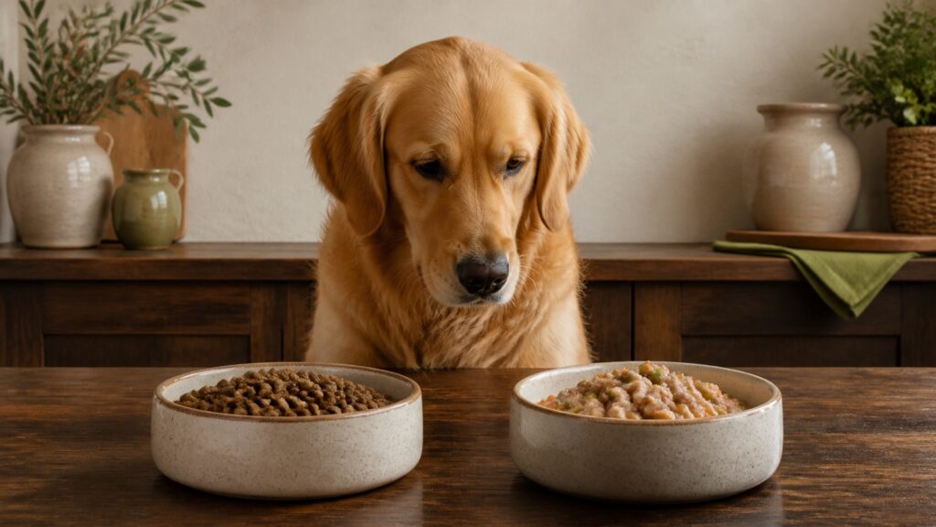 Karma mokra czy sucha dla psa – golden retriever porównujący dwie miski
