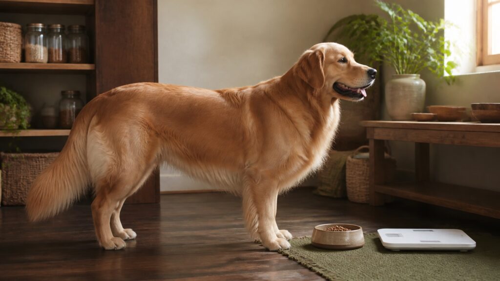 Karma dla psa po kastracji – golden retriever przy kontrolowanej porcji karmy