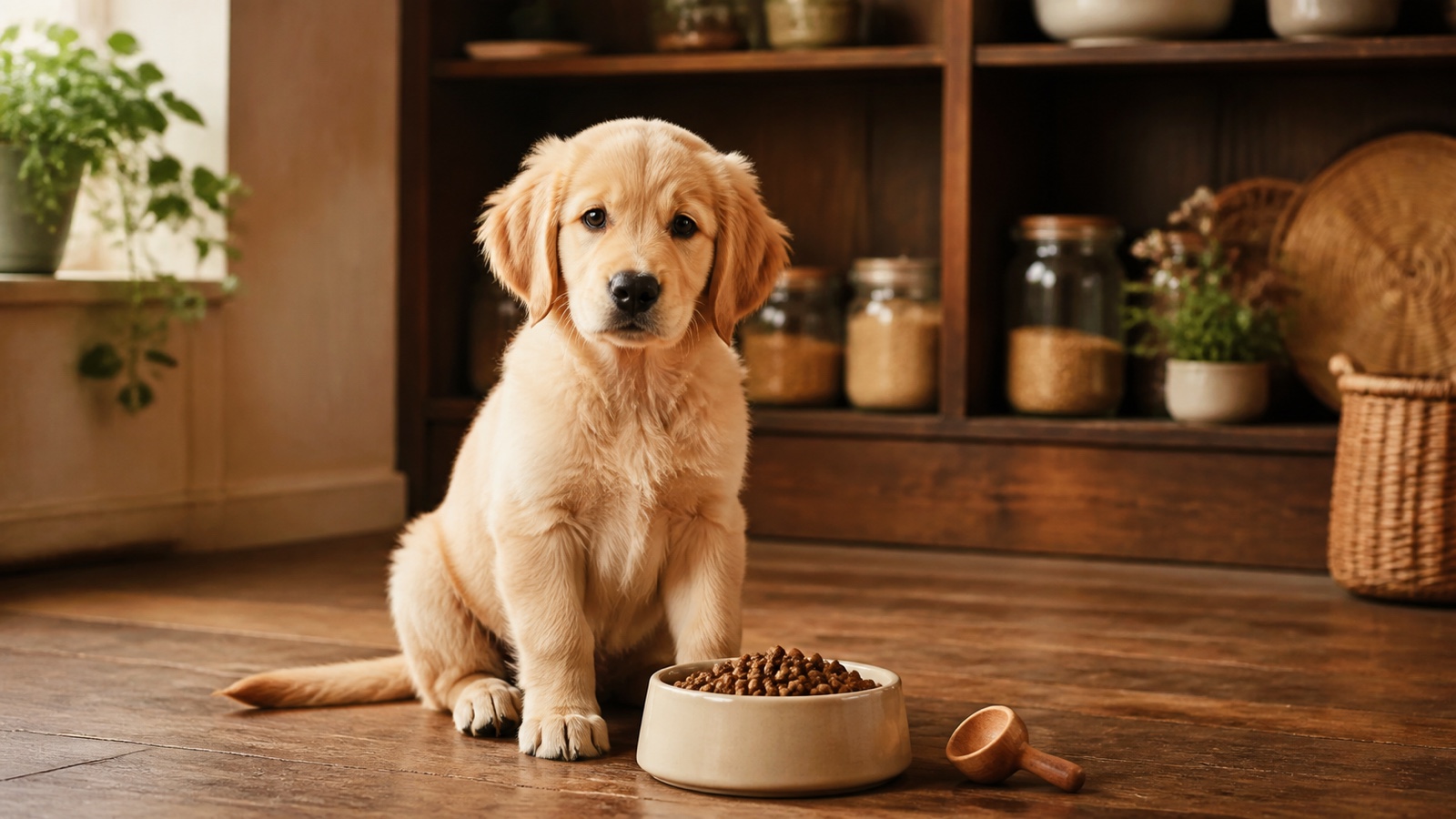 Karma dla szczeniaka – szczeniak golden retrievera przy misce z odpowiednio odmierzoną porcją