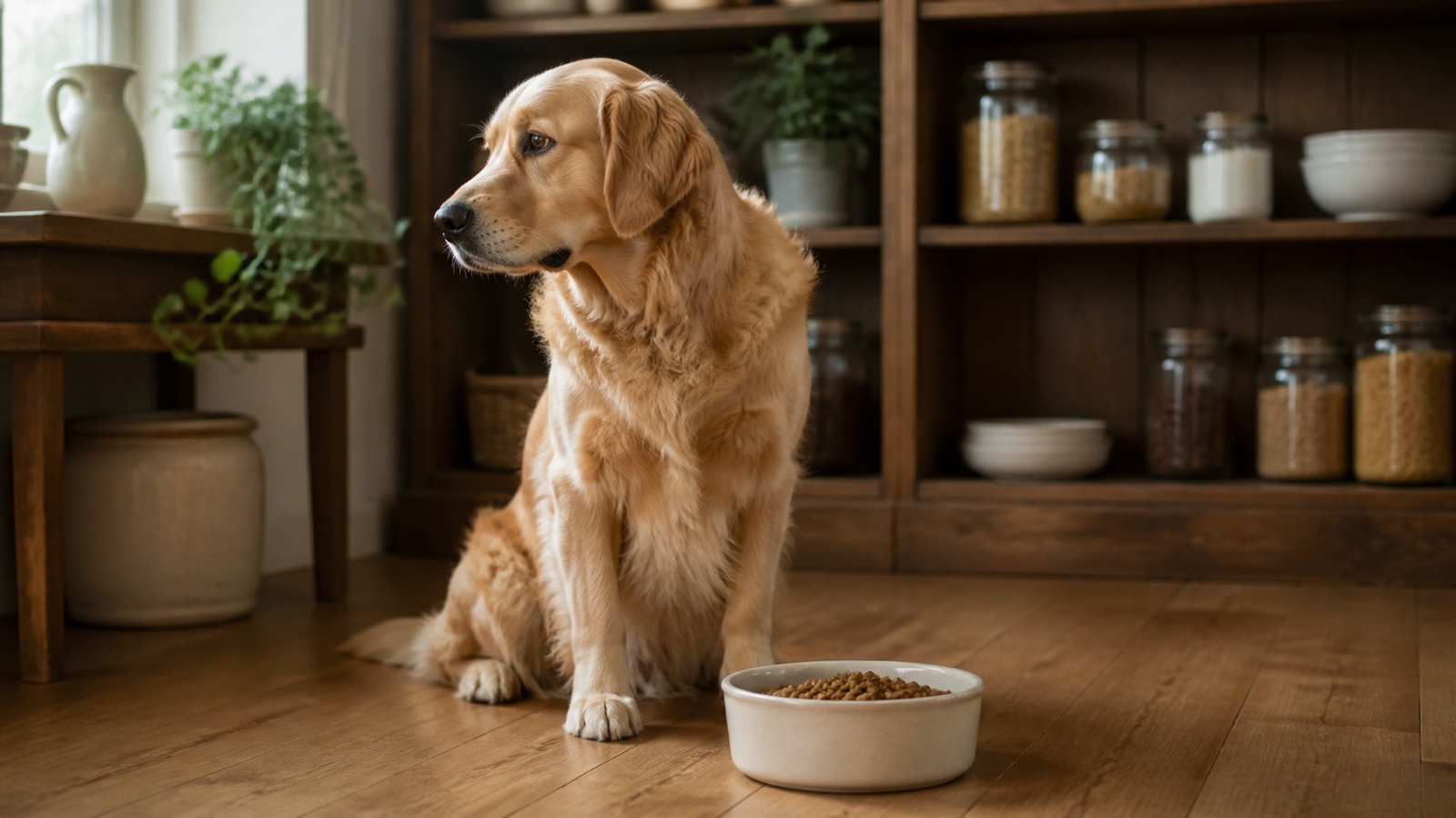 Dlaczego pies nie chce jeść – golden retriever odwracający głowę od pełnej miski
