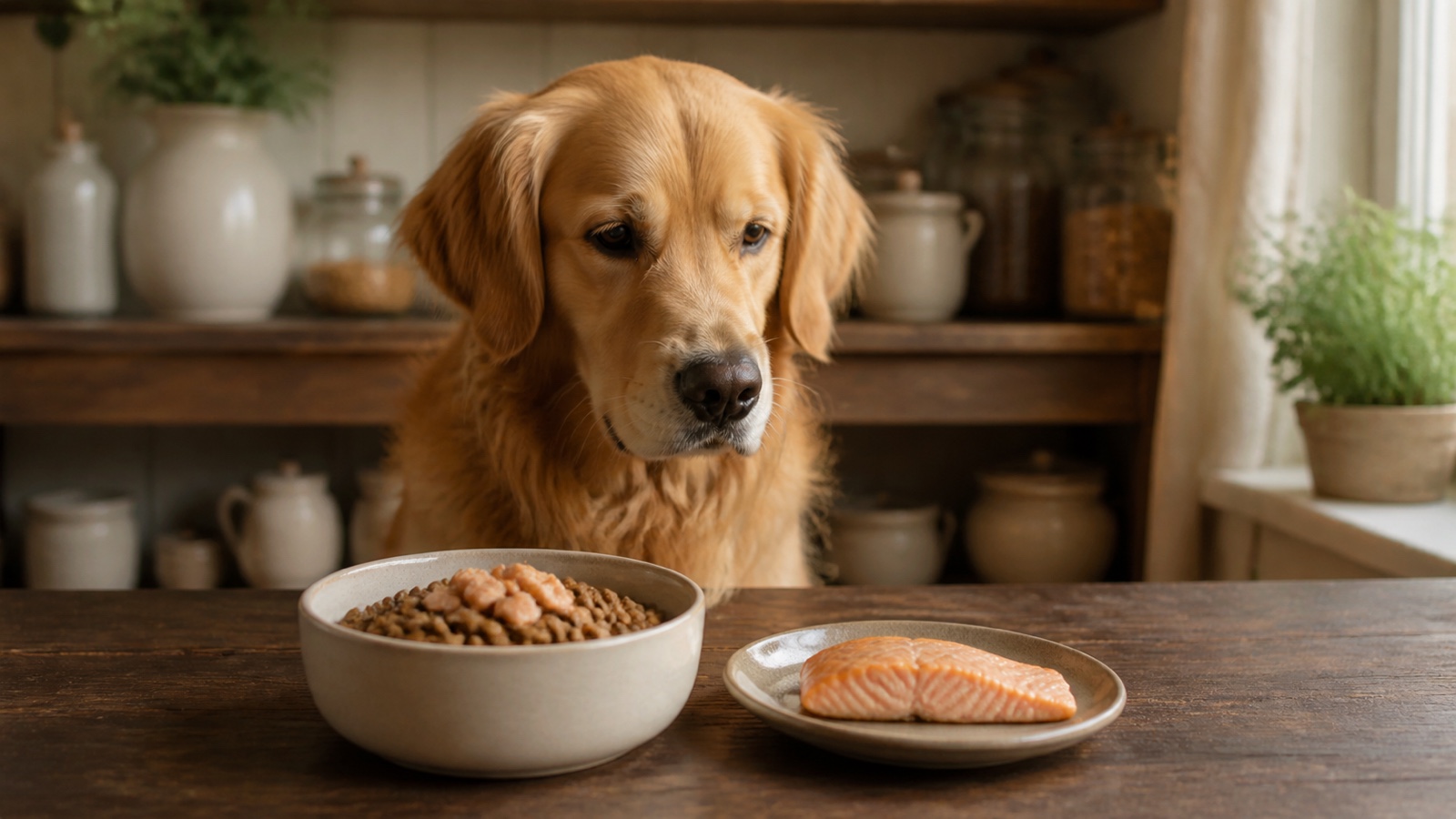 Czy pies może jeść łososia – golden retriever obok miski z karmą rybną i kawałkiem łososia
