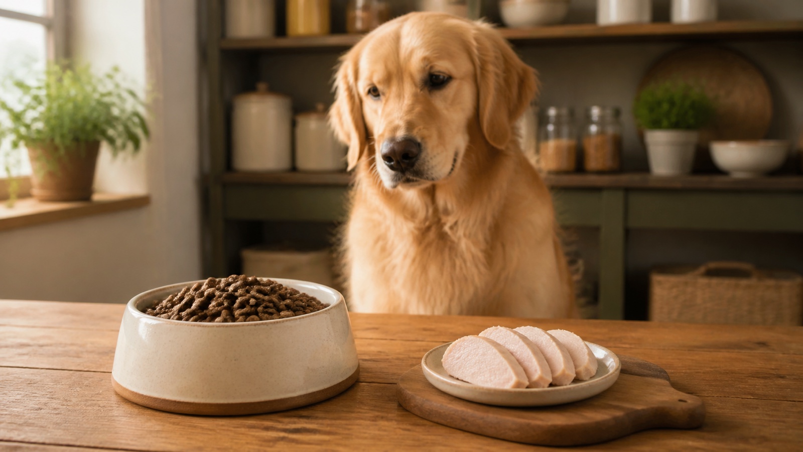 Czy pies może jeść indyka – golden retriever przy misce z karmą na bazie indyka
