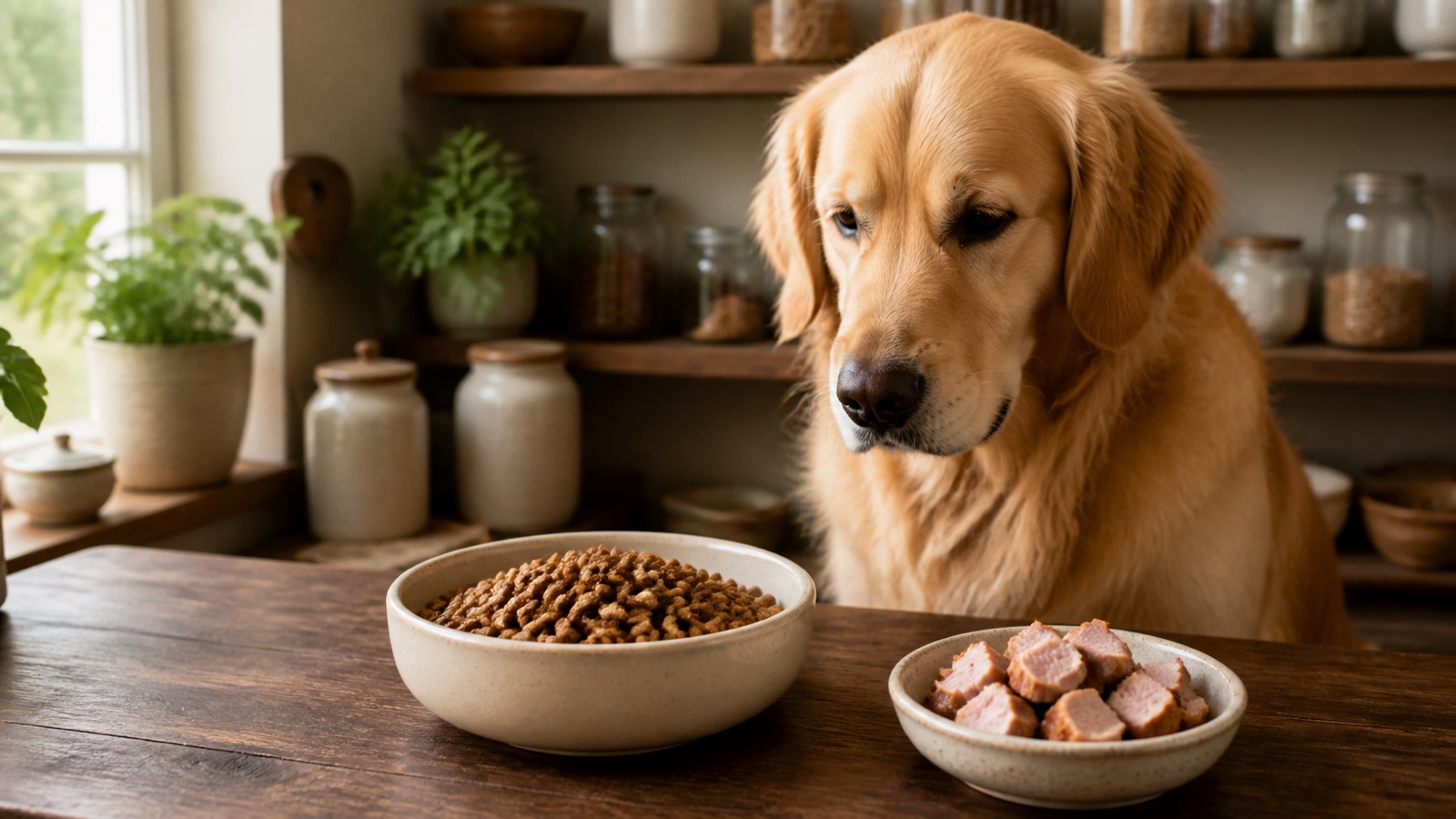 Czy pies może jeść wieprzowinę – golden retriever przy misce karmy z mięsem wieprzowym