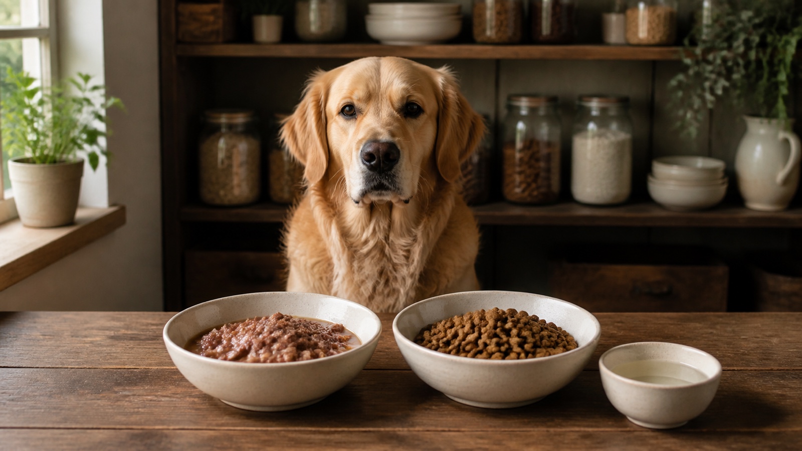 Sucha masa karmy dla psa – golden retriever przy misce karmy mokrej i suchej przygotowanych do porównania