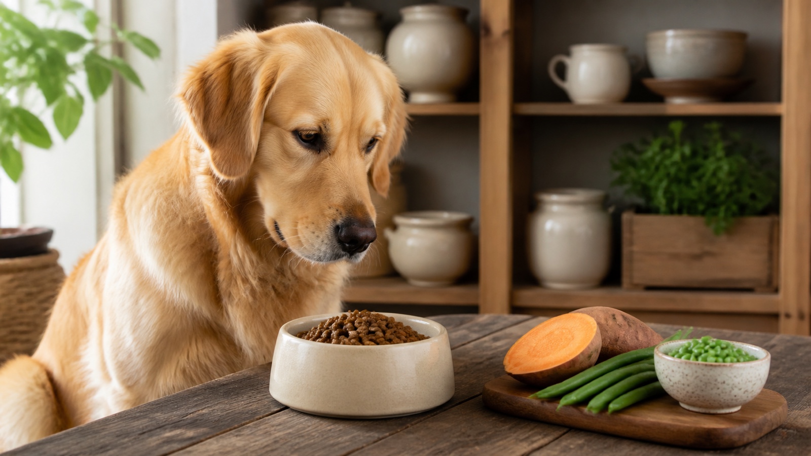 Karma bez zbóż dla psa – golden retriever przy misce karmy z recepturą bezzbożową
