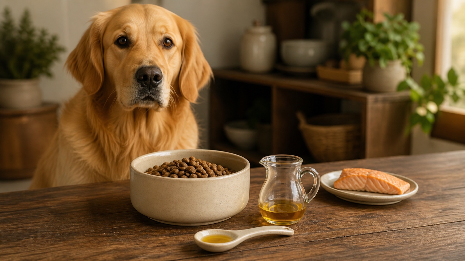 Olej z łososia dla psa – golden retriever przy misce karmy z niewielką porcją oleju łososiowego