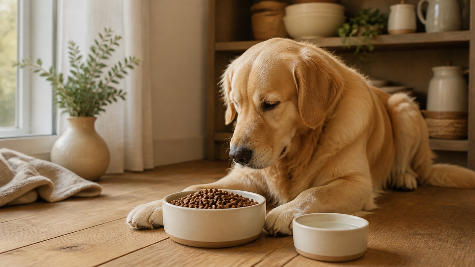 Karma dla psa z wrażliwym żołądkiem – golden retriever przy delikatnym pełnoporcjowym posiłku